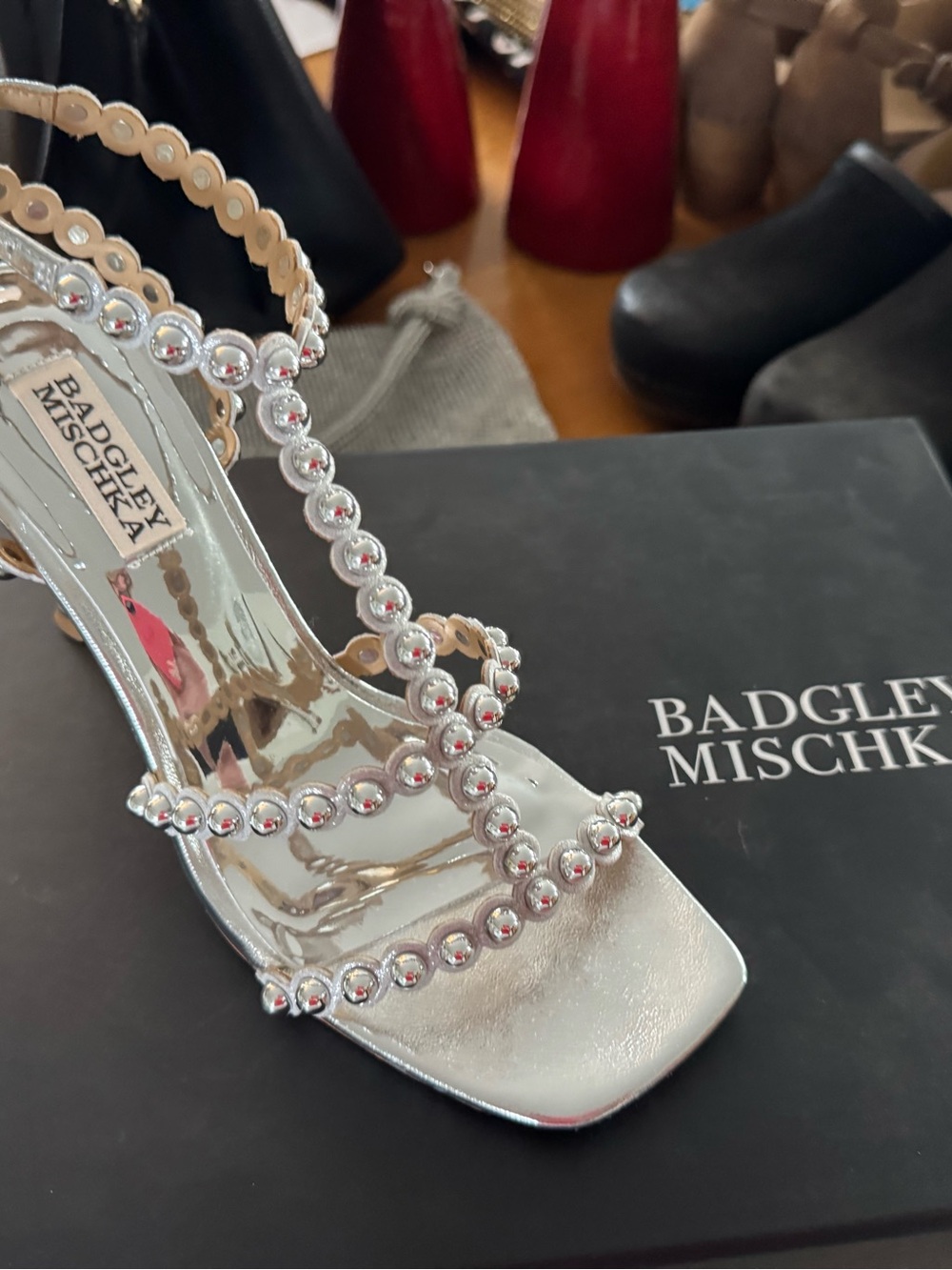 Badgley Mischka Silver Beaded Strappy Sandal with Crystal Accents